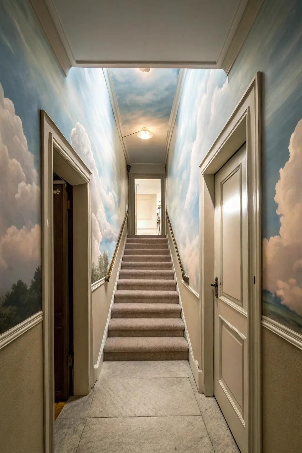 A hallway showcasing stairs that ascend into a surreal sky.
