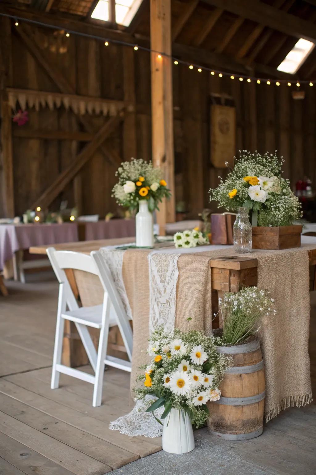 A rustic sweetheart table showcasing wooden components and wildflowers for a pastoral ambiance.