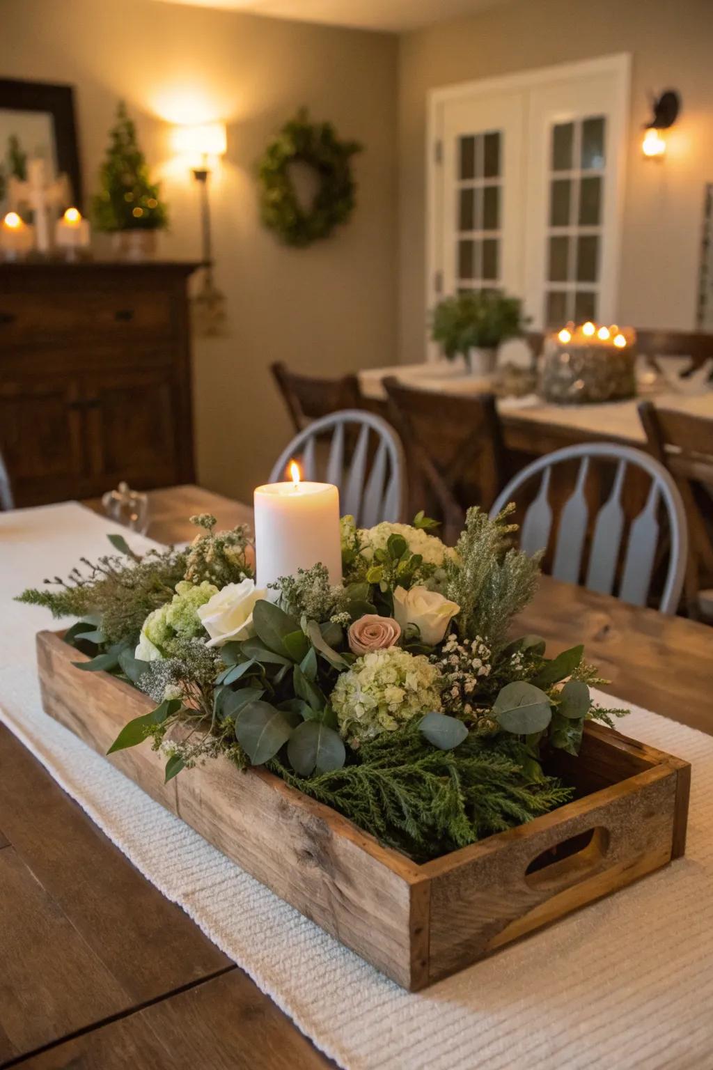 An earthy centerpiece featuring natural wood and greenery.