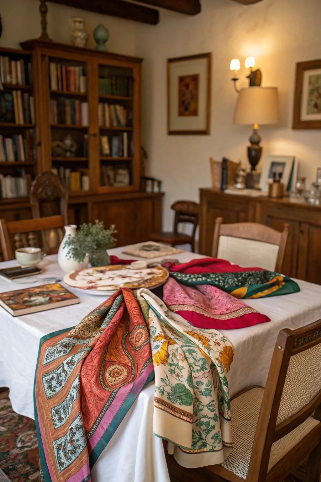 Vintage scarves deliver a distinctive and intimate element to any table.