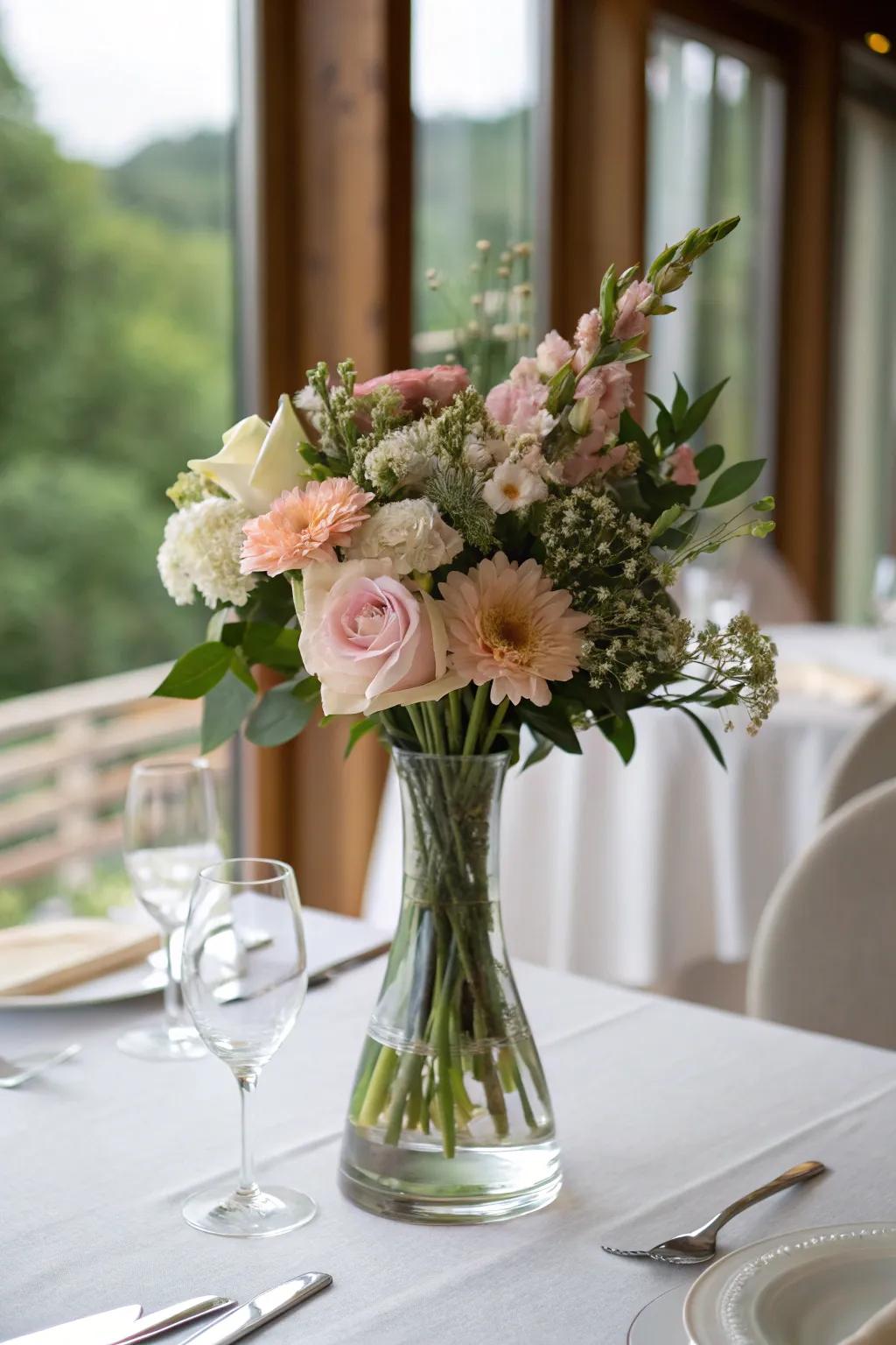 A tasteful clear glass vase displaying a simple yet captivating flower arrangement.