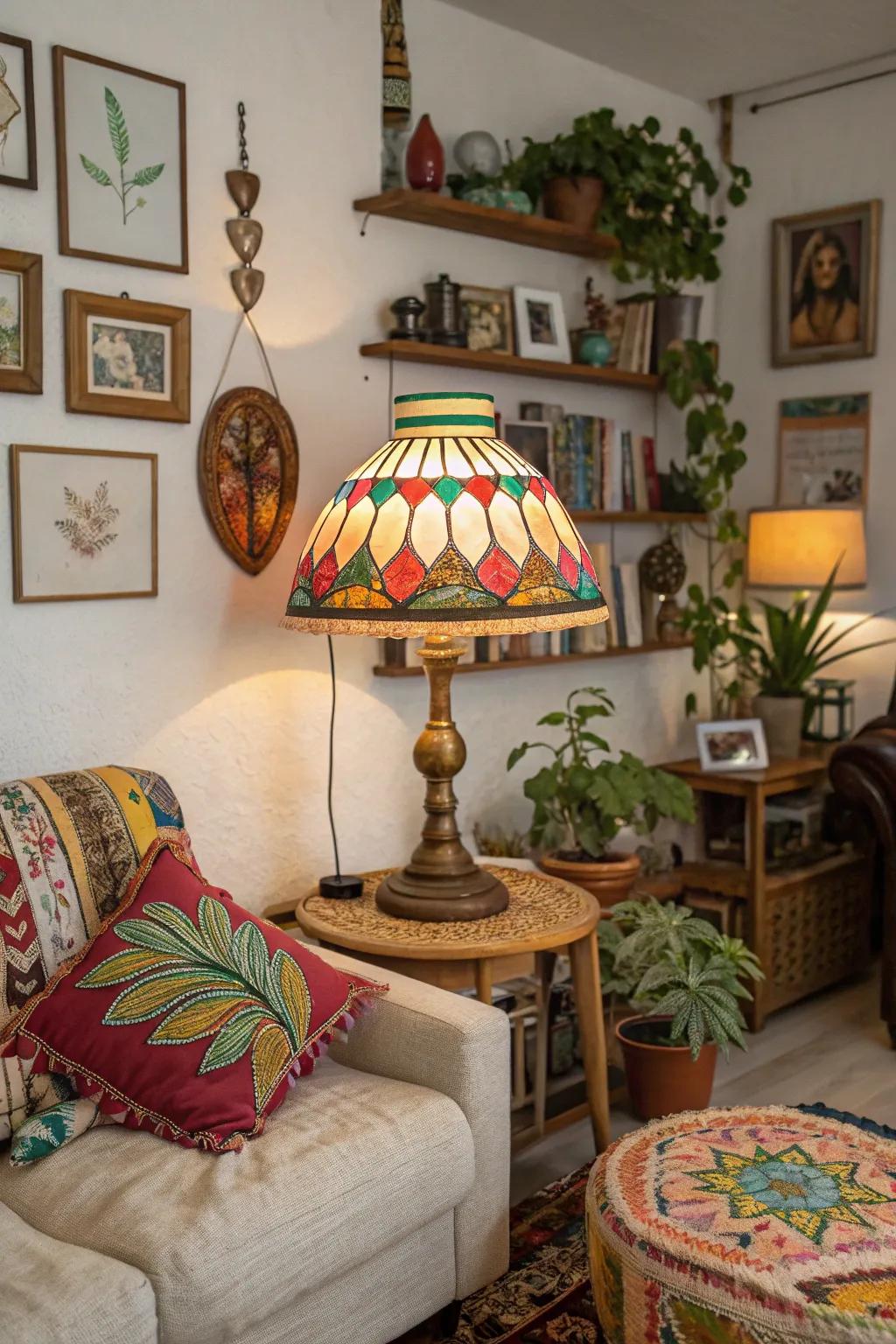 A vibrant retro table lamp infuses a bohemian space with unique character.