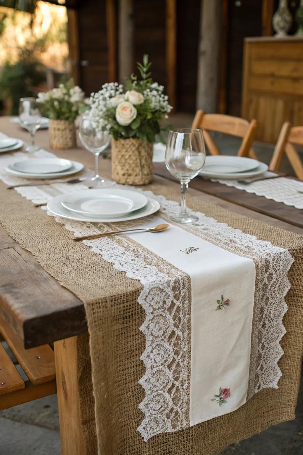 A hessian and lace table runner creating a warm, inviting ambiance.