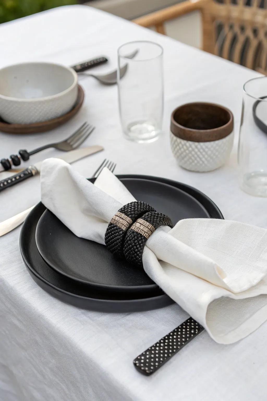 Sleek and modern table setting with black napkin rings.