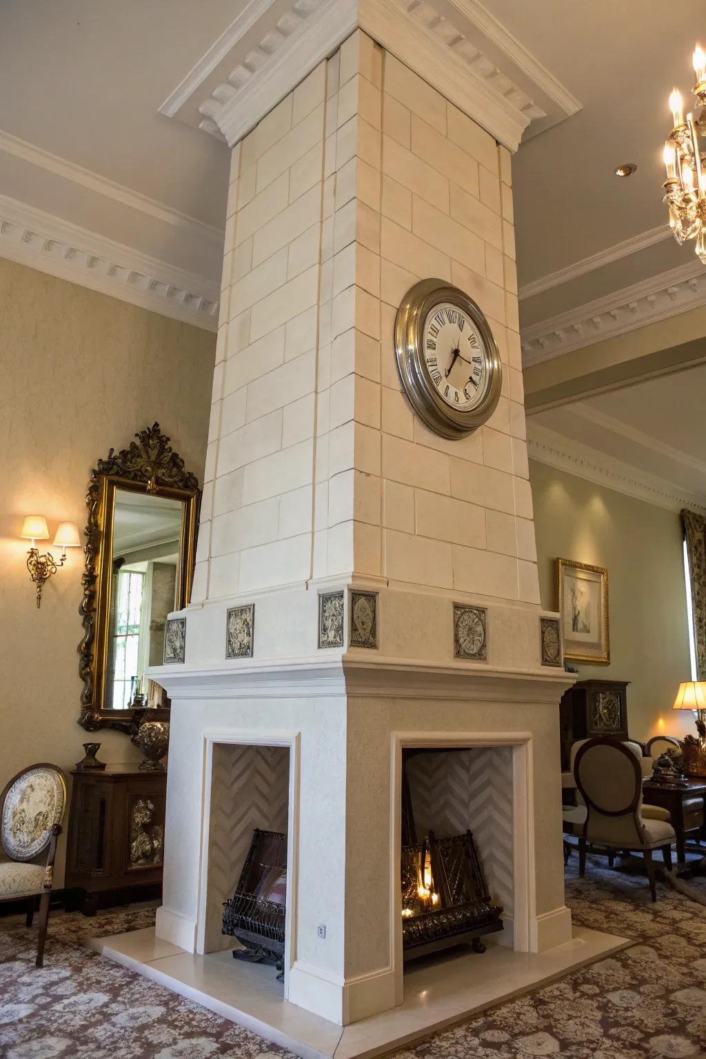 A fusion of modern and classic elements results in a unique fireplace design.