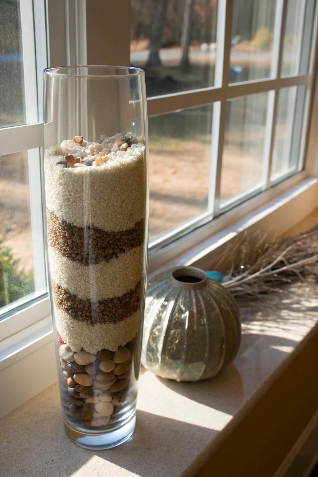 A serene tall glass vase showcasing strata of grit and gravel, embodying a coastal character near the window.
