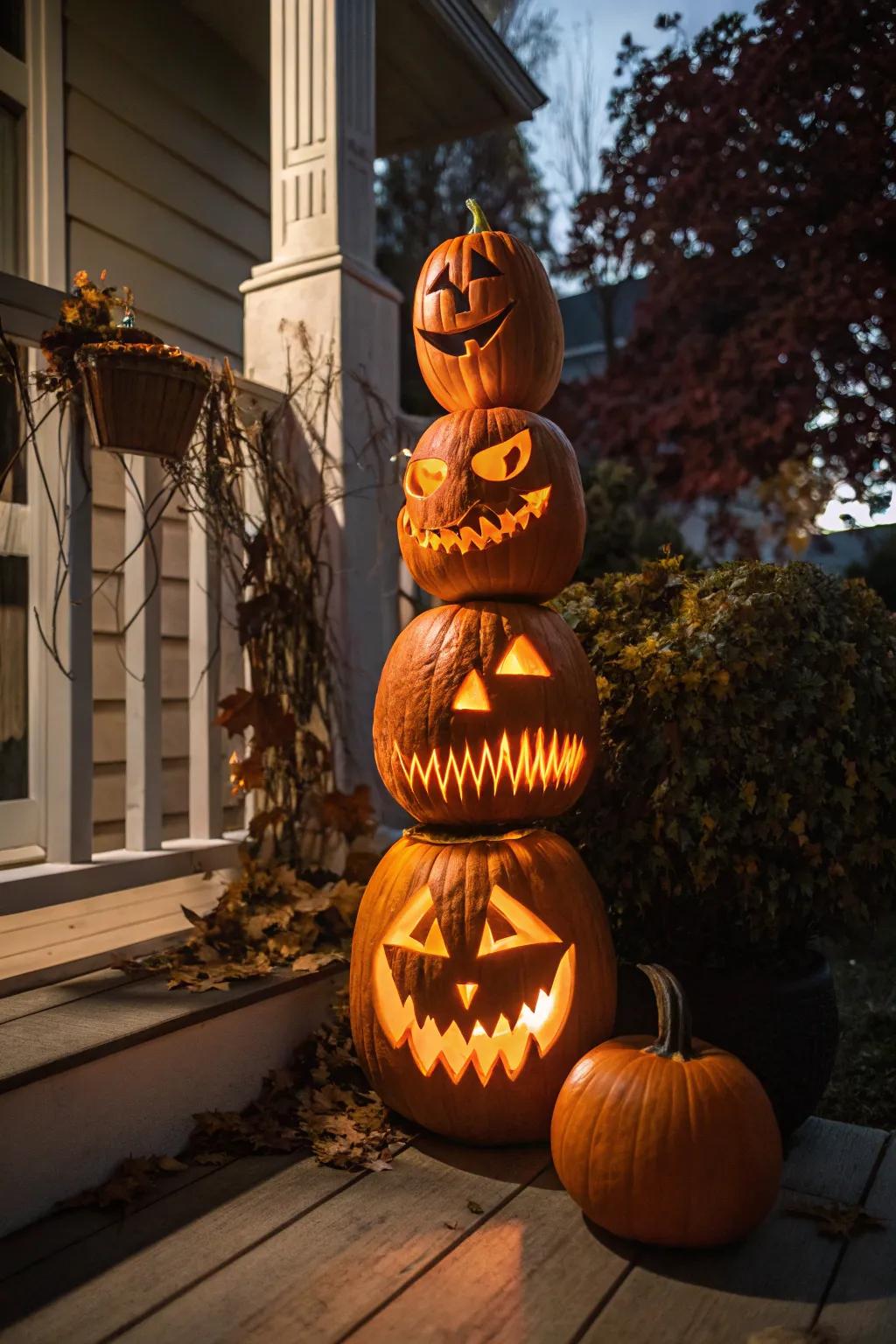 Craft a frightful tower with layered pumpkins, each presenting a unique scary face.