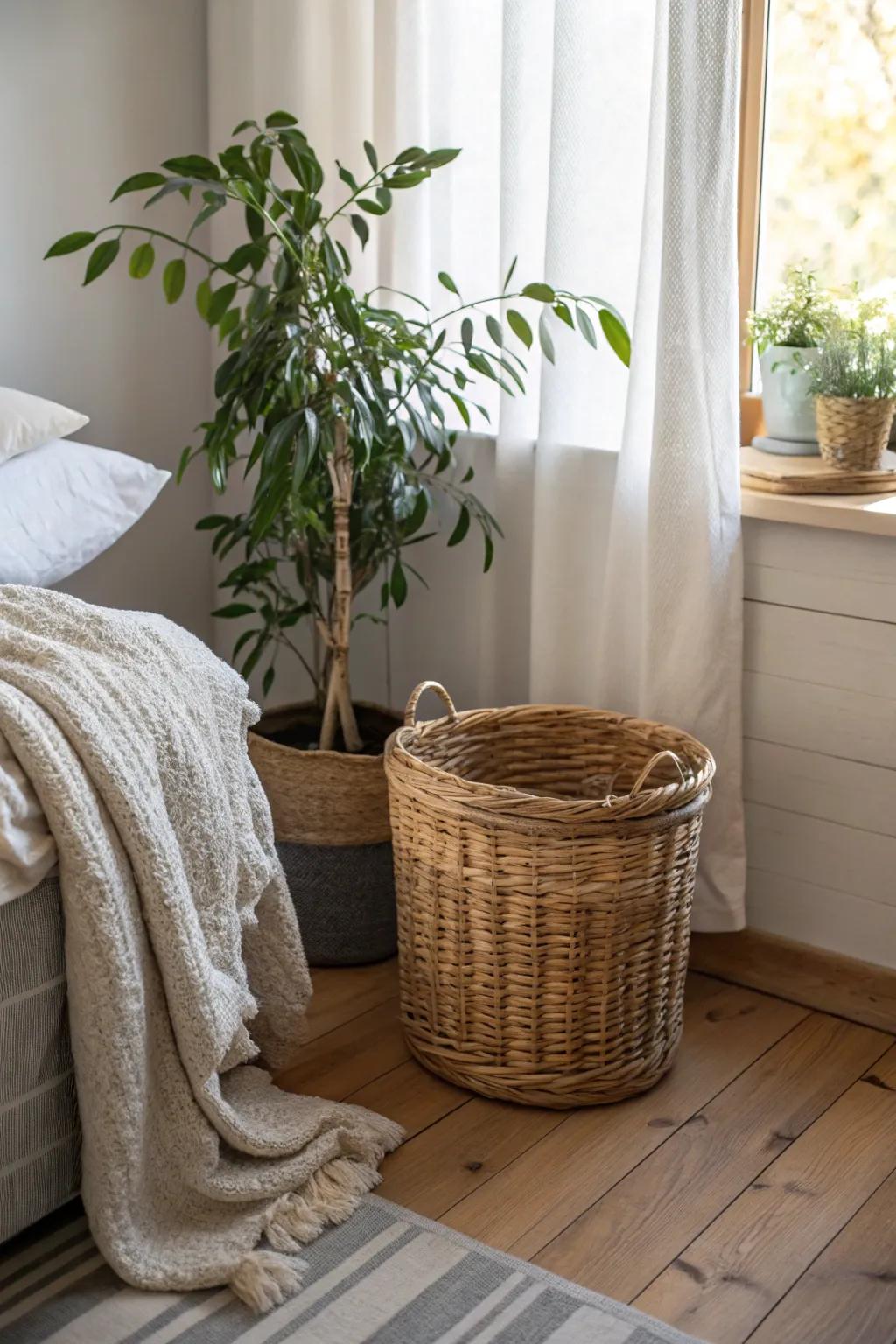 Natural elements like rattan and greenery enhance the beige decor.