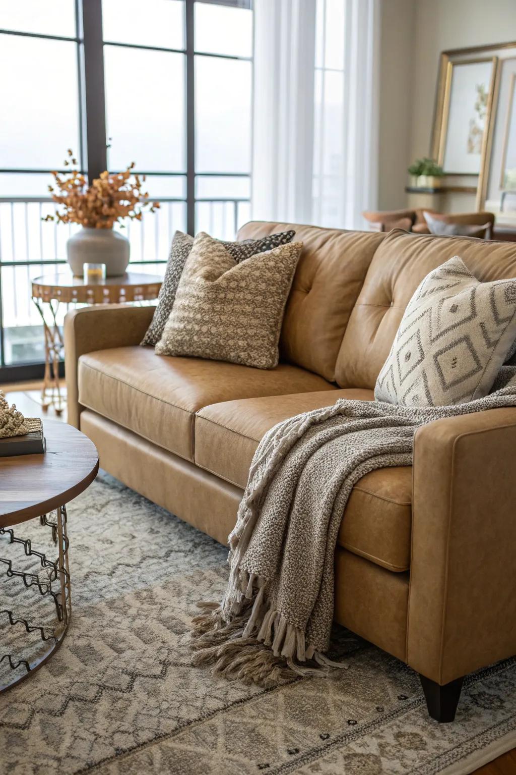 Textures introduce warmth and intrigue to a beige sofa ensemble.