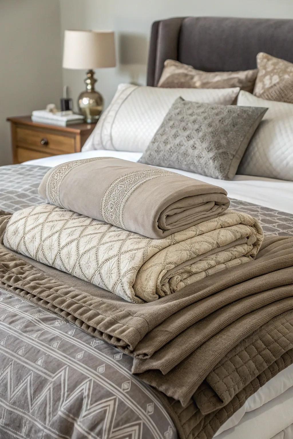 A bed richly adorned with plush taupe and grey linens.