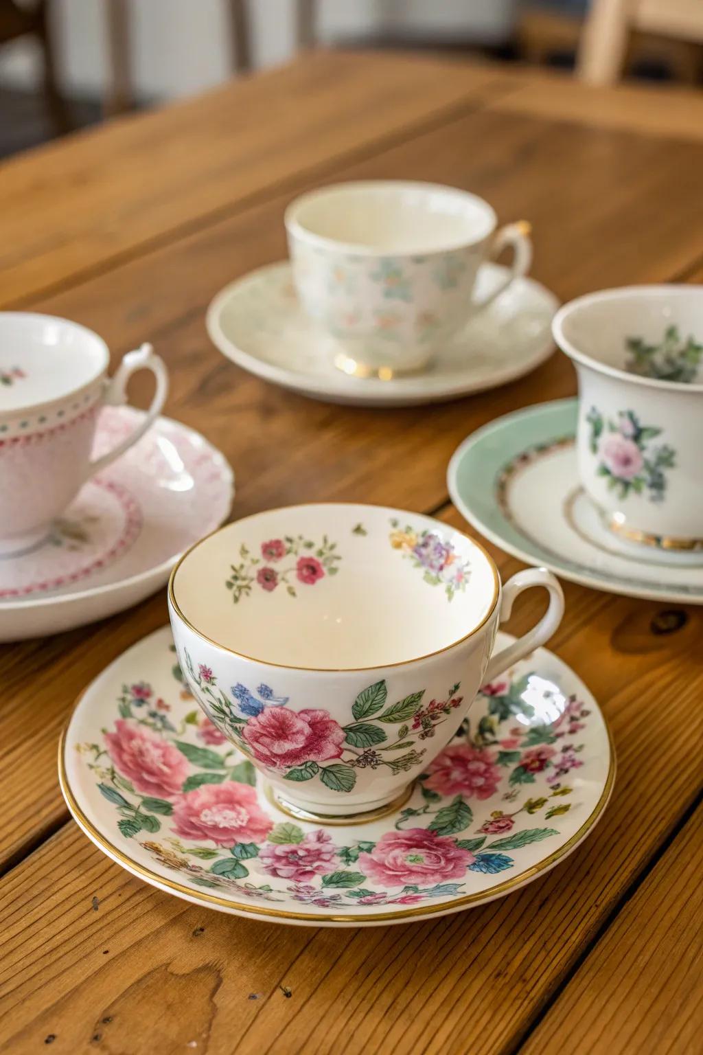 A collection of classic china teacups and saucers enhances the table’s appeal.