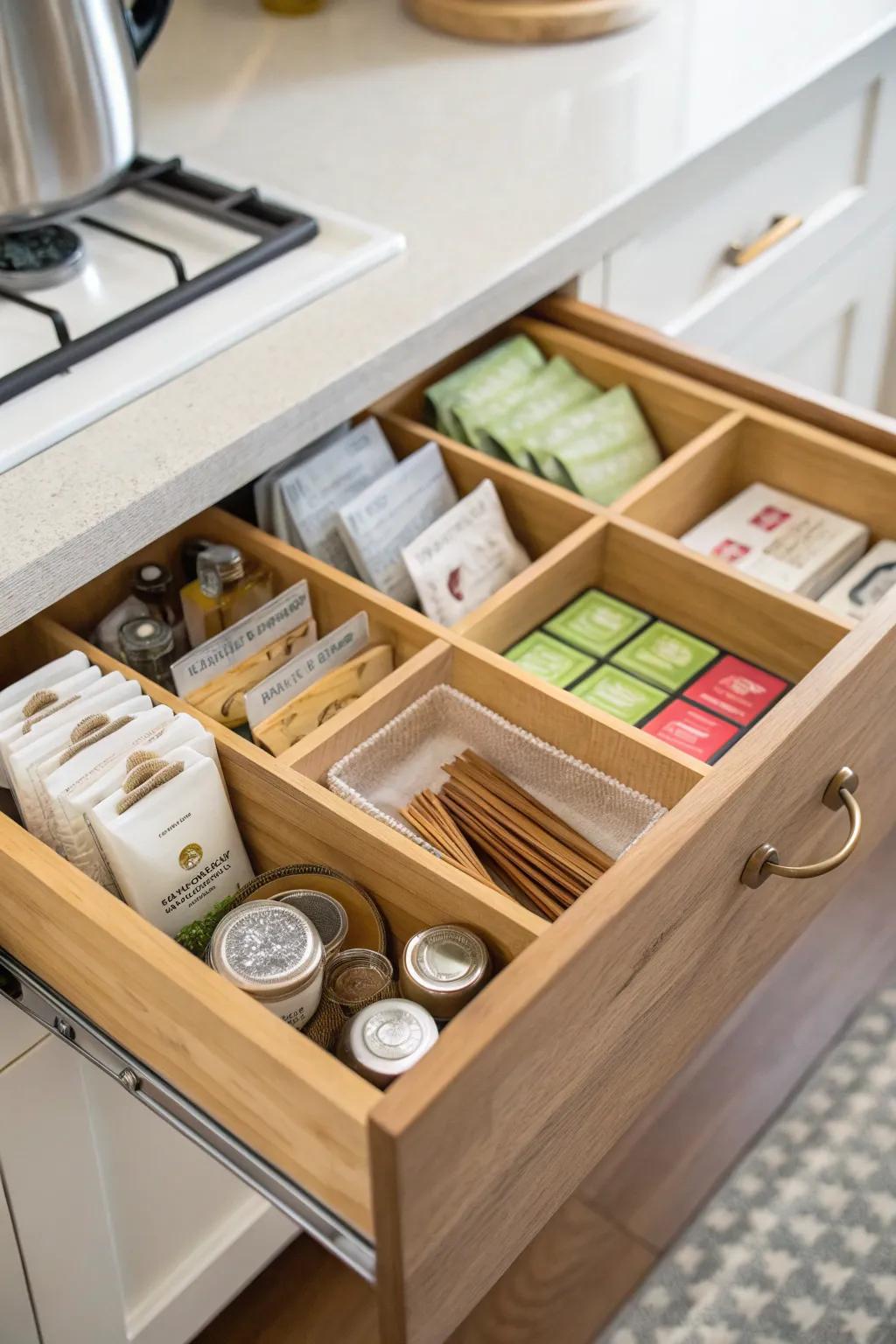 A flawlessly arranged tea drawer showcasing the benefits of dividers.