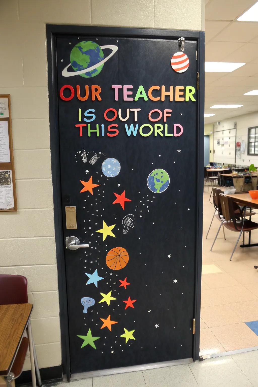 A cosmic door decoration celebrates teachers' stellar contributions.