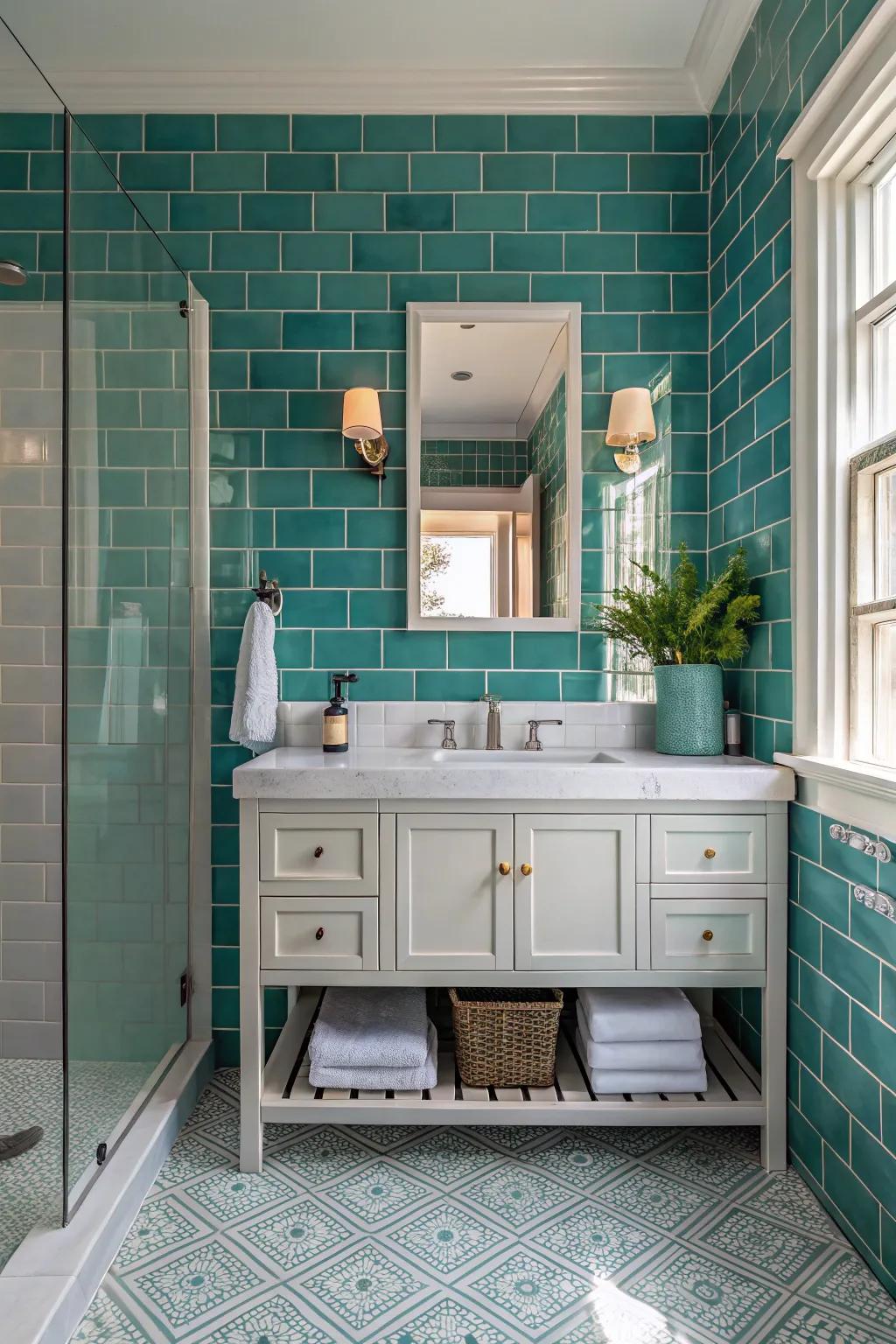 Include visual depth by using timeless seafoam ceramic wall bricks.