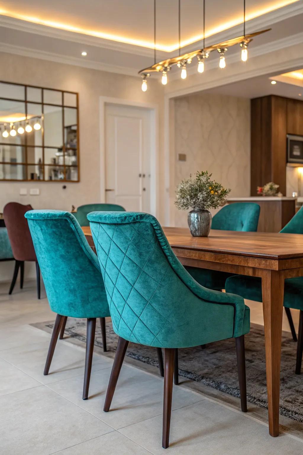 Opulent teal plush chairs amplify the dining space