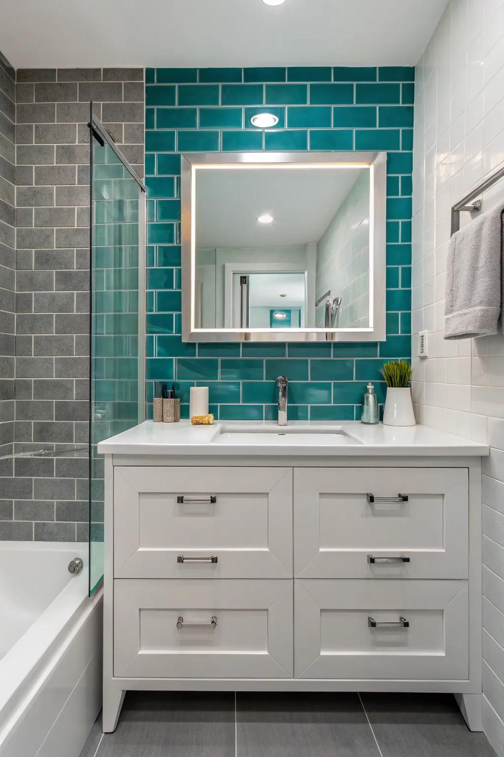 Make a striking center point using a turquoise tile accent wall.
