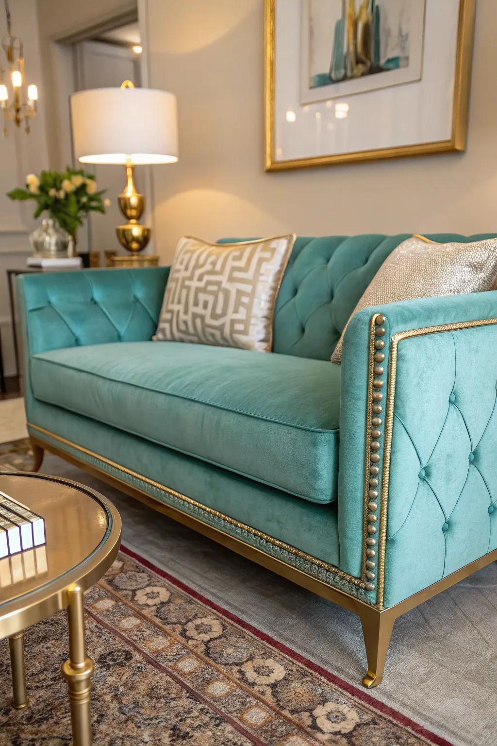 A turquoise couch transforms into a centerpiece with refined metallic features.