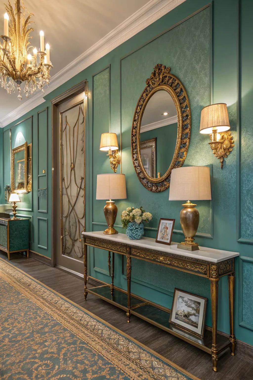 Aqua walls merged with gilt features for an extravagant aesthetic.