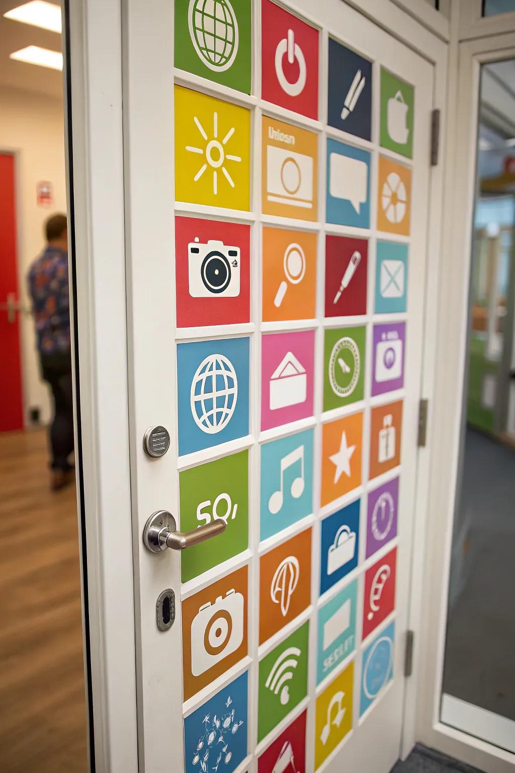 A door embellished with radiant digital program symbol designs organized in a pattern.