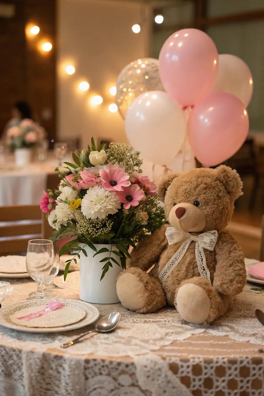 Charming teddy bear centerpieces bring a whimsical touch to the table.