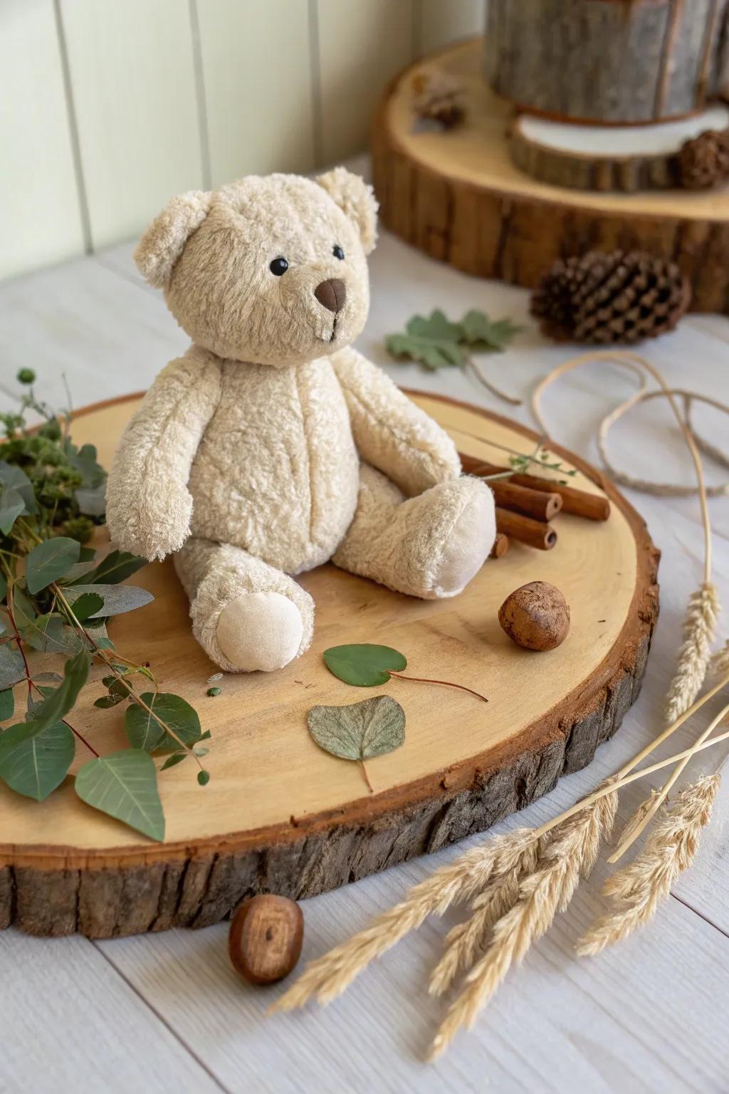 Down-to-earth allure with a plush companion on a tree-round platform.