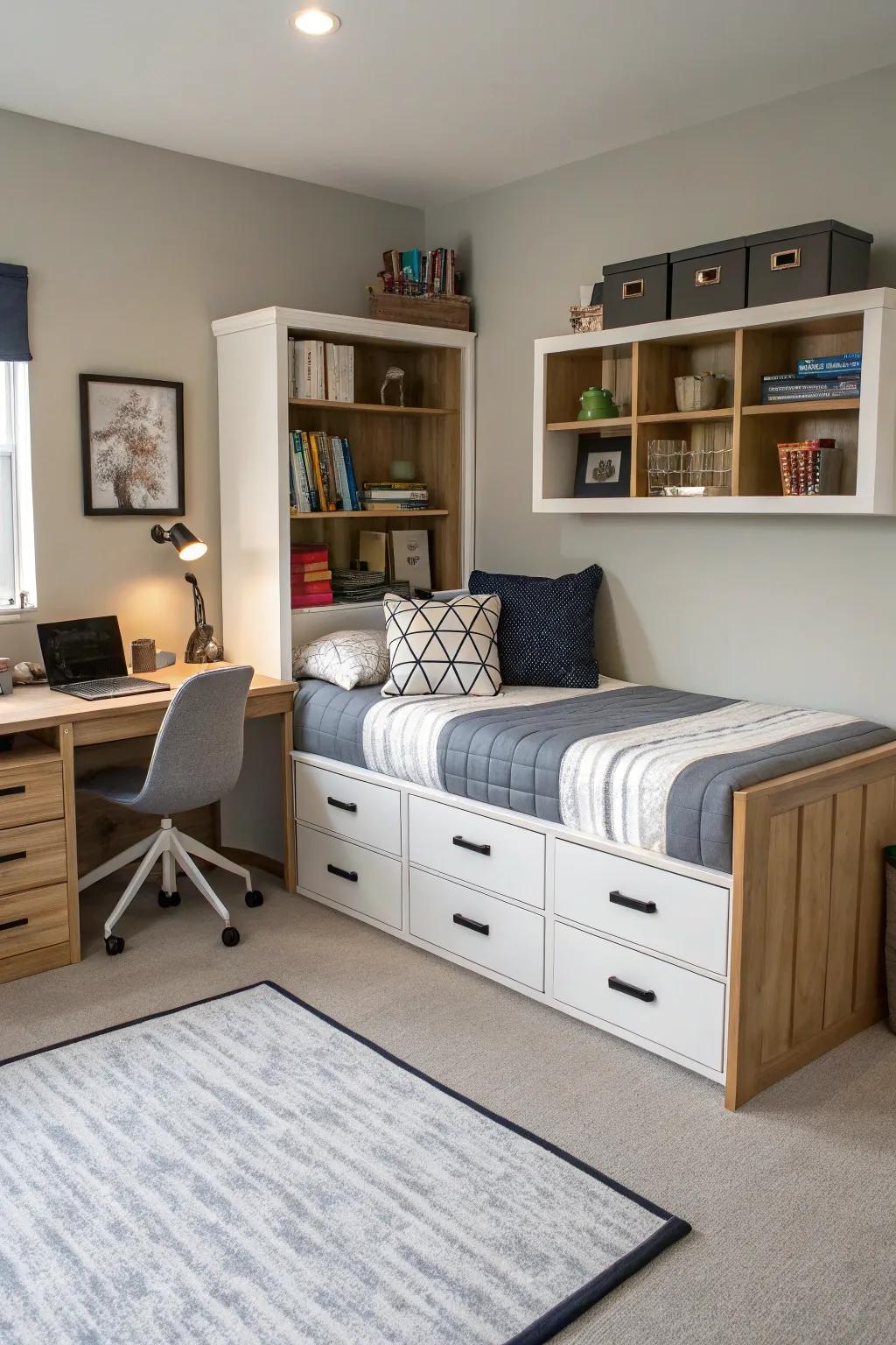 A teen boy's room featuring multifunctional furniture to maximize space.