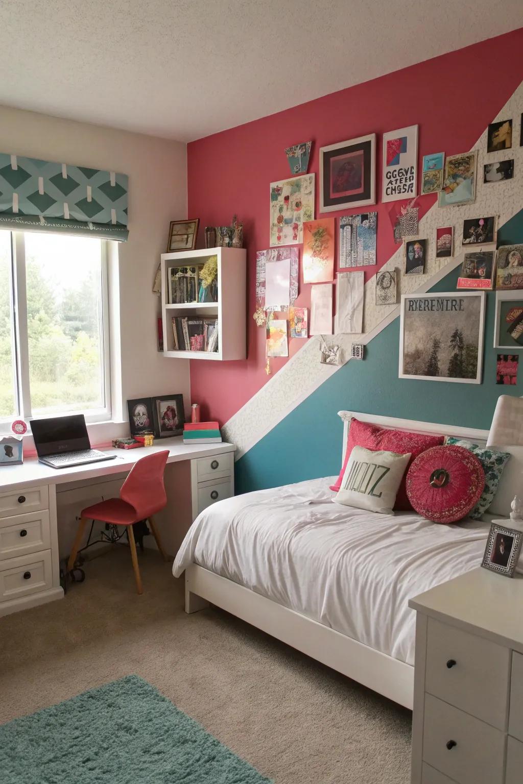 A bold feature wall bringing drama and personality to a teen girl's bedroom.