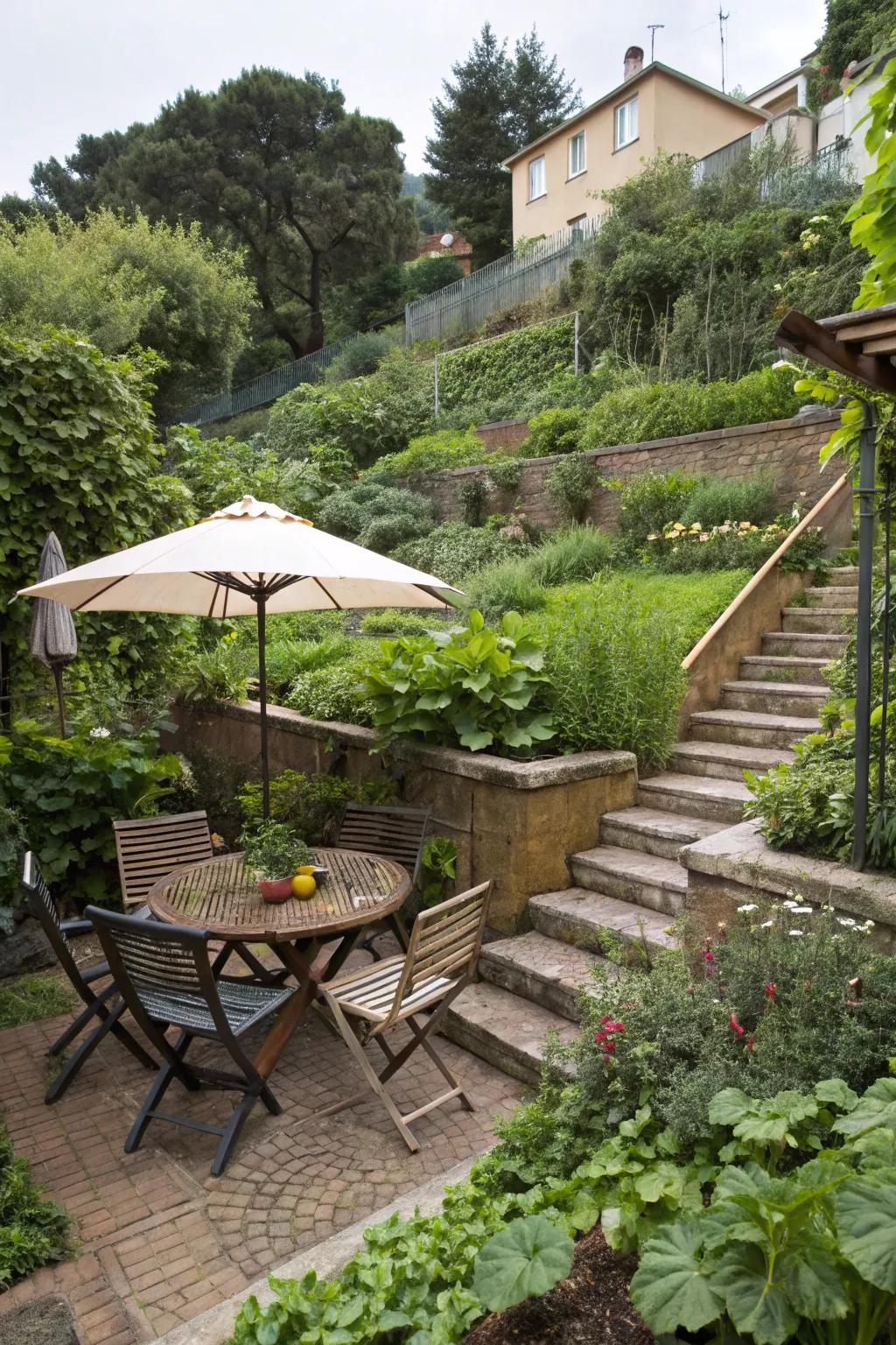 An inviting outdoor dining setup on a terraced garden, complete with shade and lush surroundings.