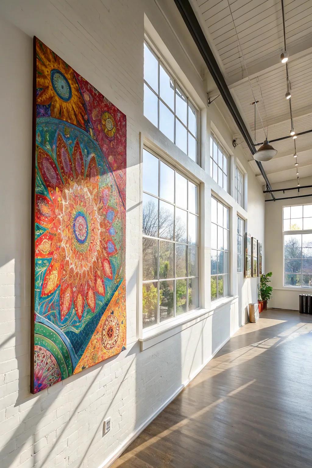 An abstract textured painting brims with color and creativity, fitting perfectly in a lively studio setting.