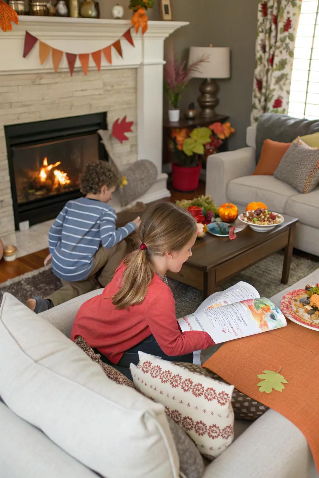 Children eagerly searching for concealed paper poultry during Thanksgiving.