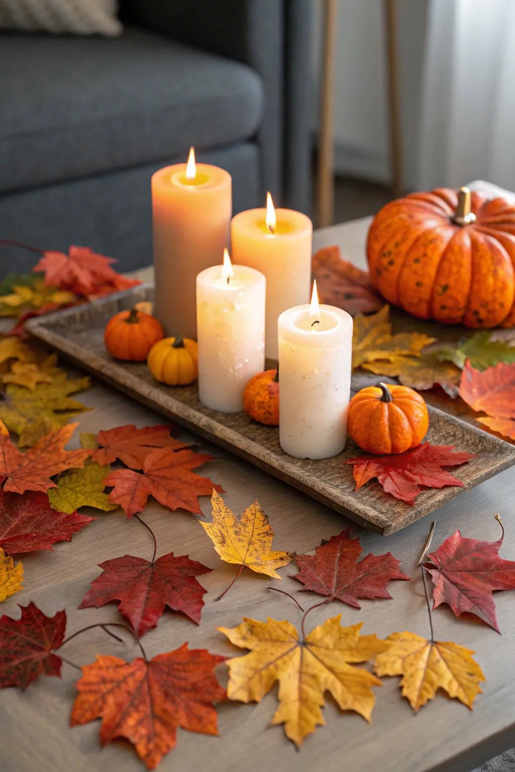 Grouped candles casting a warm glow on a coffee table.
