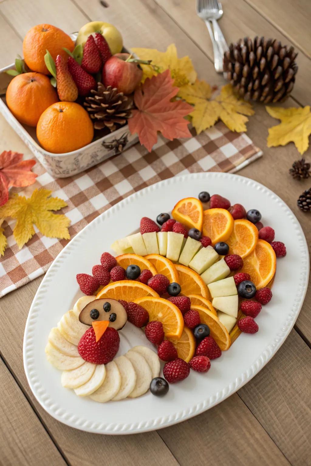 A bright and playful turkey fruit platter loved by all ages.