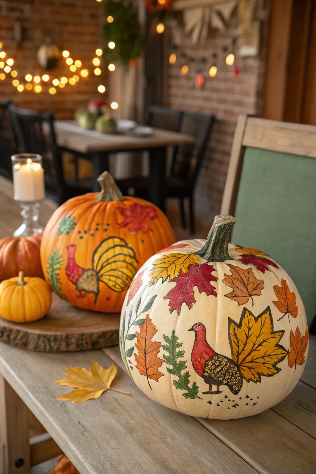 Vibrantly painted pumpkins showcasing autumn-inspired motifs.