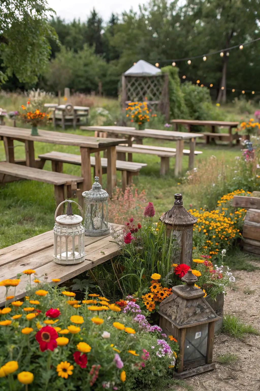 A rustic garden where wooden elements blend seamlessly with colorful flowers.