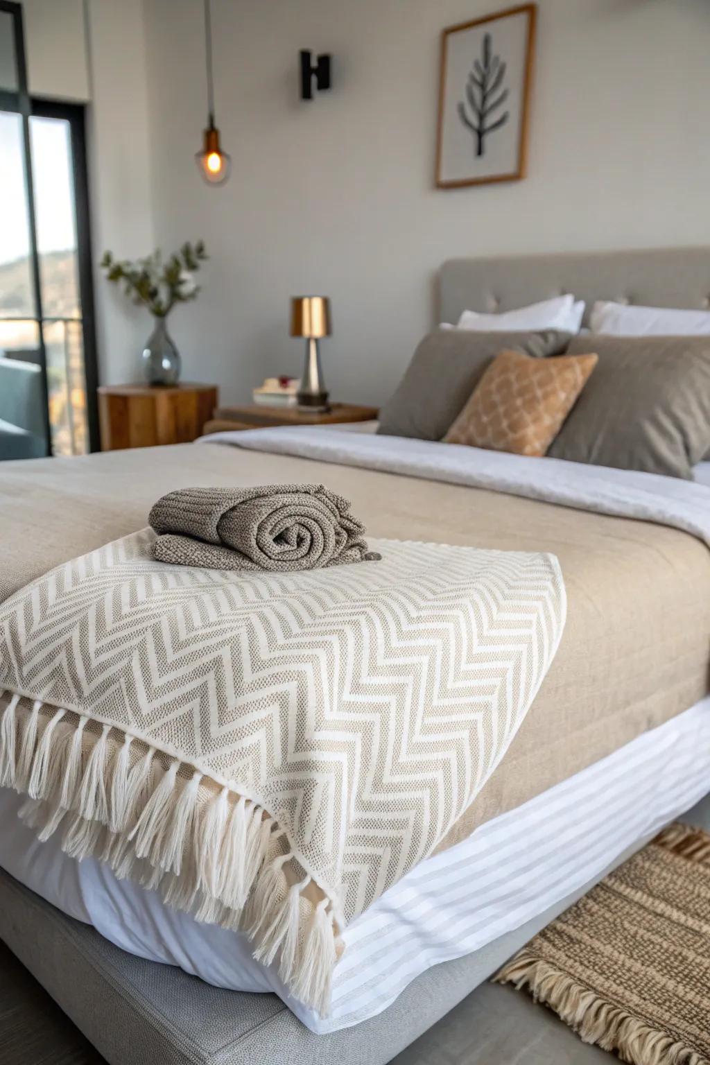 Diagonal draping adds a stylish twist to the bedroom decor.