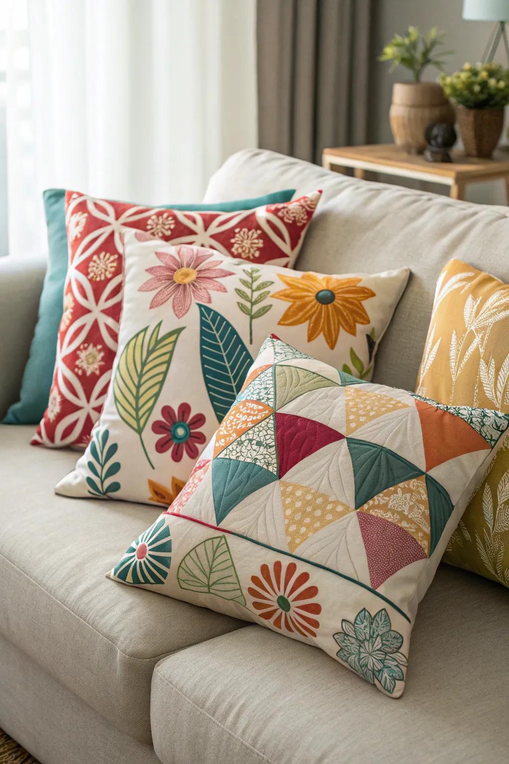 An energetic mix of patterns featuring geometric and floral designs on a welcoming sofa.