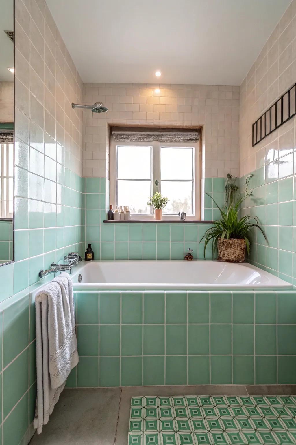 Pastel tiles bring a delicate and calming essence to your bathing sanctuary.