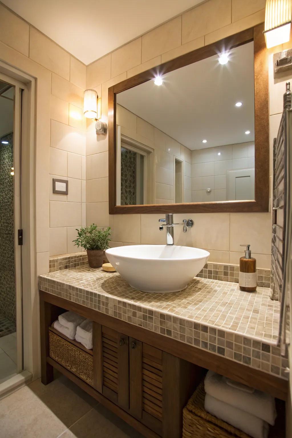 A vessel sink elevates a tiled countertop.