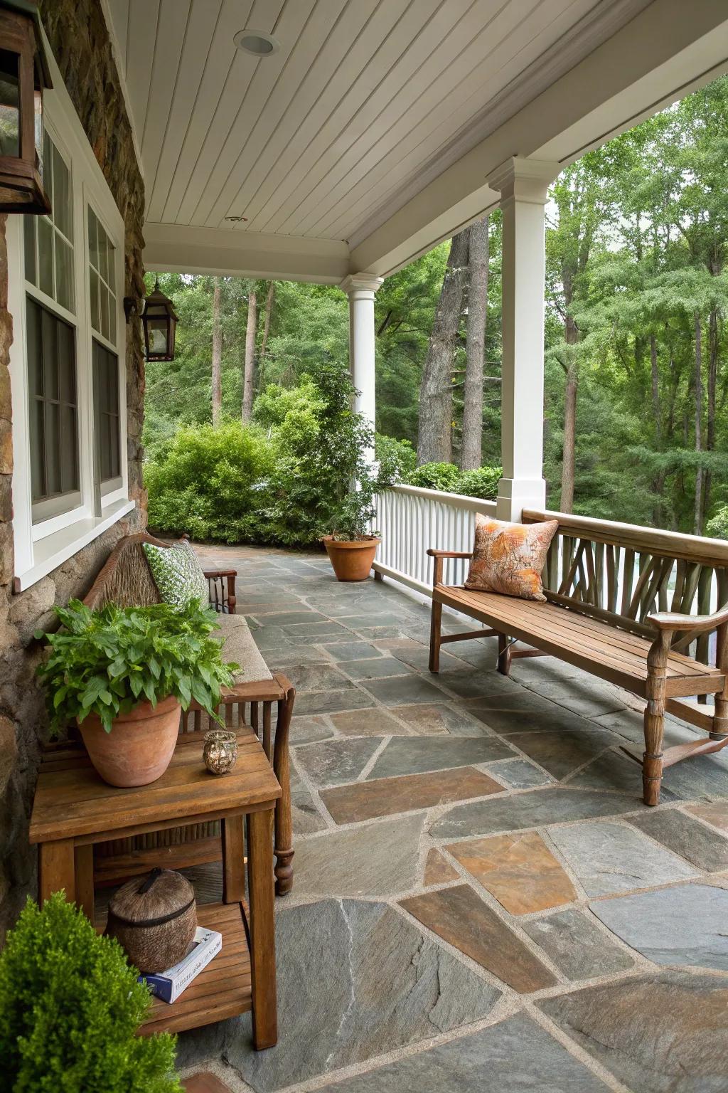 Natural stone tiles create a rustic and inviting porch atmosphere.