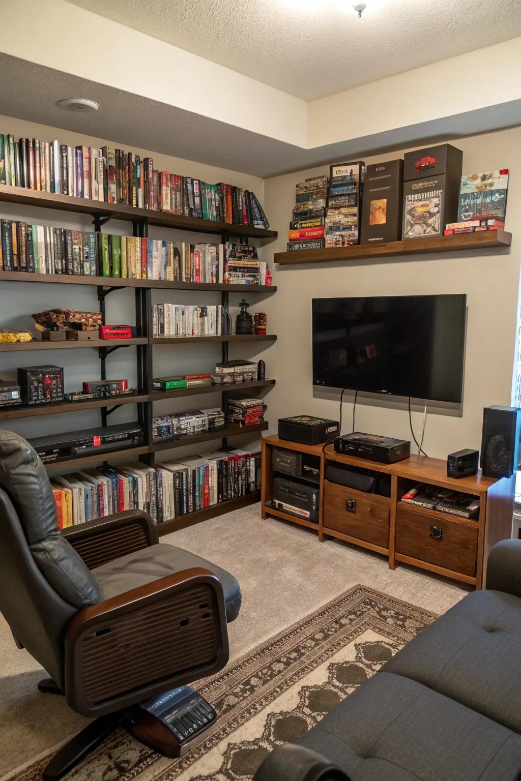 In a tiny man cave, floating shelves aid in optimizing storage.