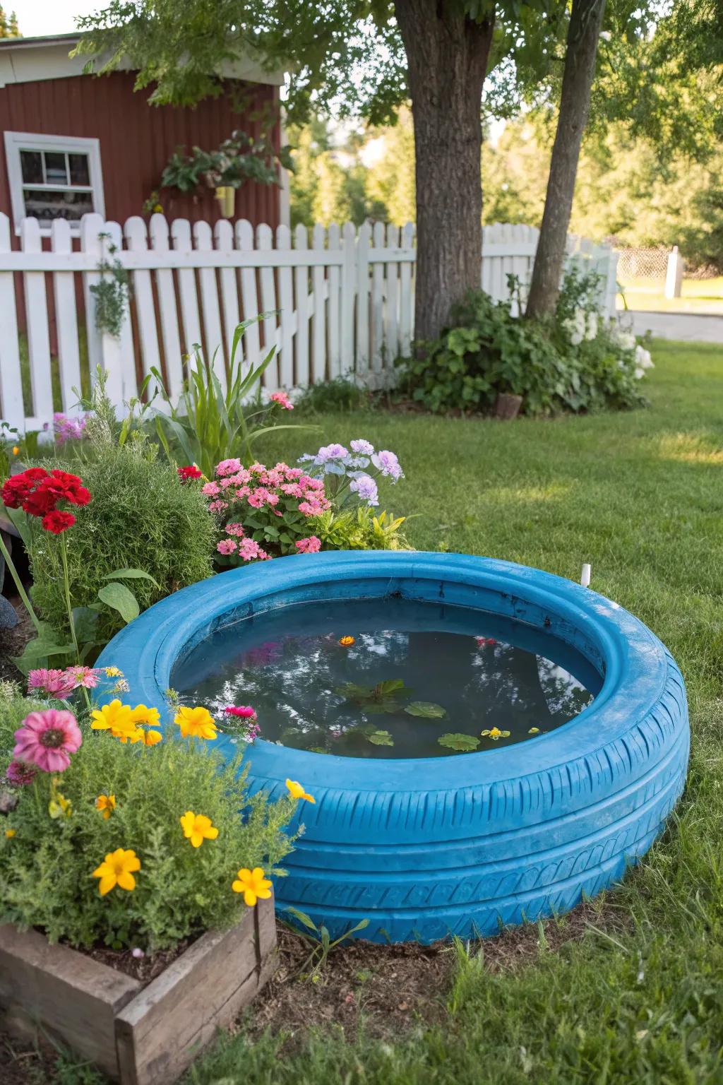 A vibrant blue painted tire pond that stands out beautifully.