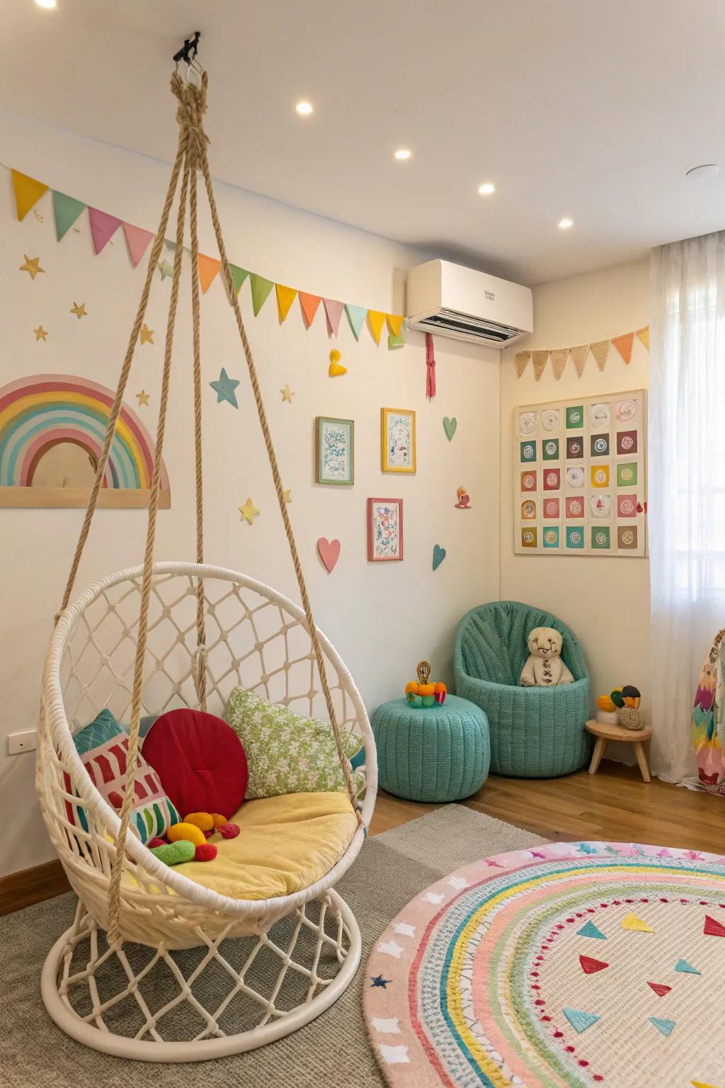 A hanging swing adds movement and fun to the playroom.