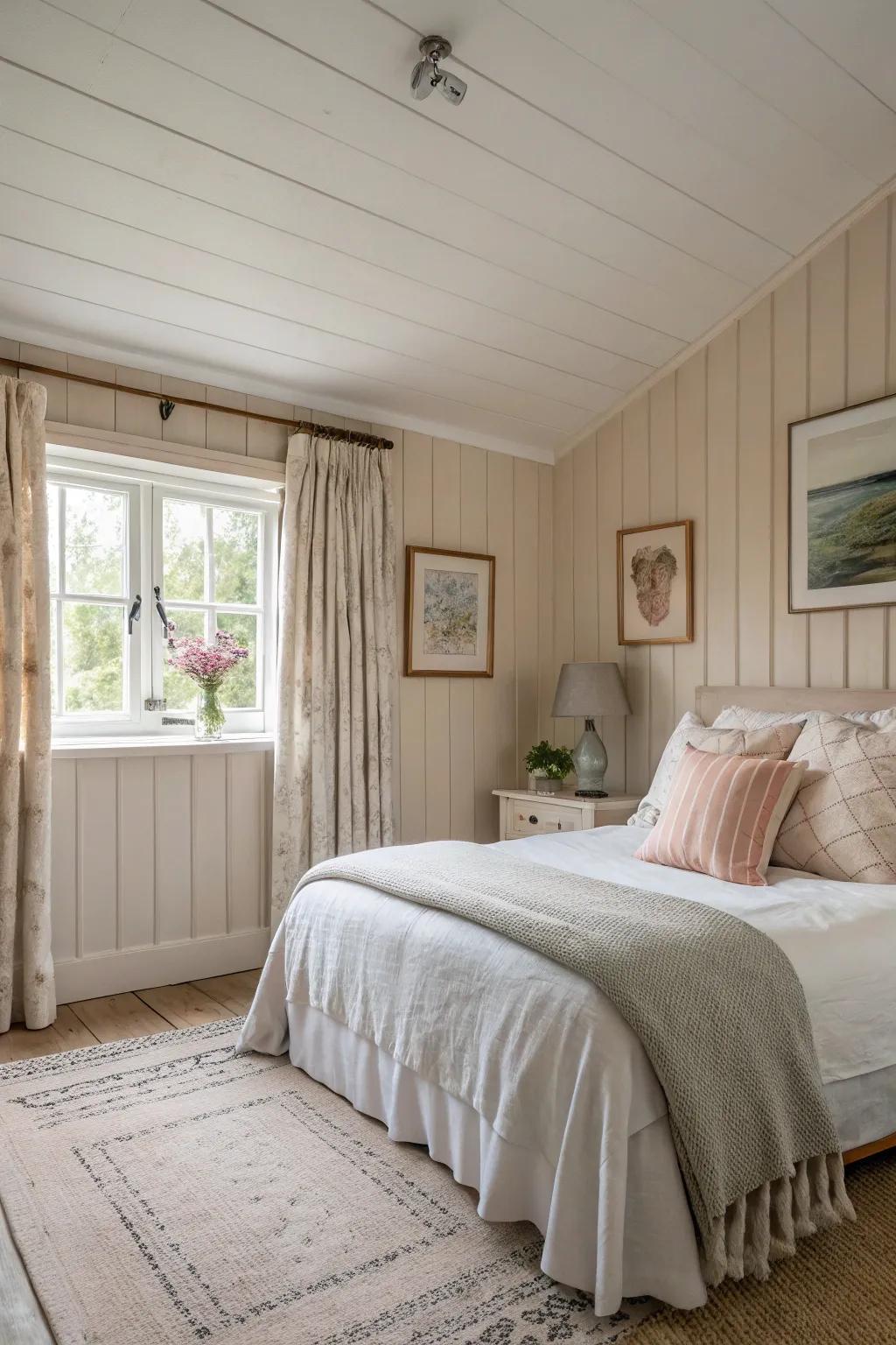 Soft, neutral painted tongue and groove walls create a peaceful bedroom retreat.