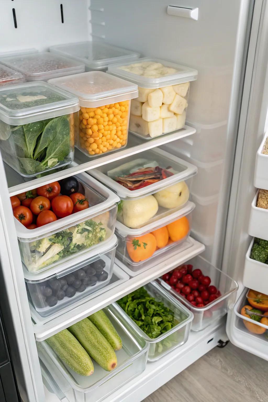 Vertical arrangement of food products employing see-through separators in a top freezer, optimizing both space and visibility.