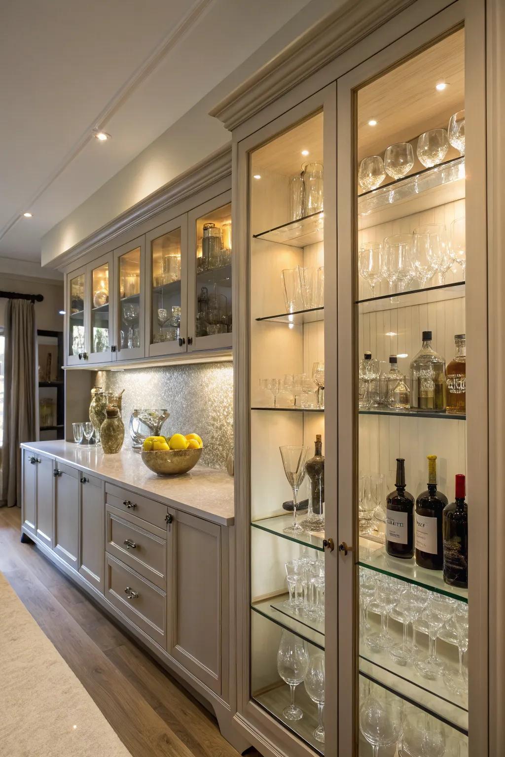 Glass-fronted cupboards deliver a refined and contemporary appearance, excellent for spotlighting elegant glassware.