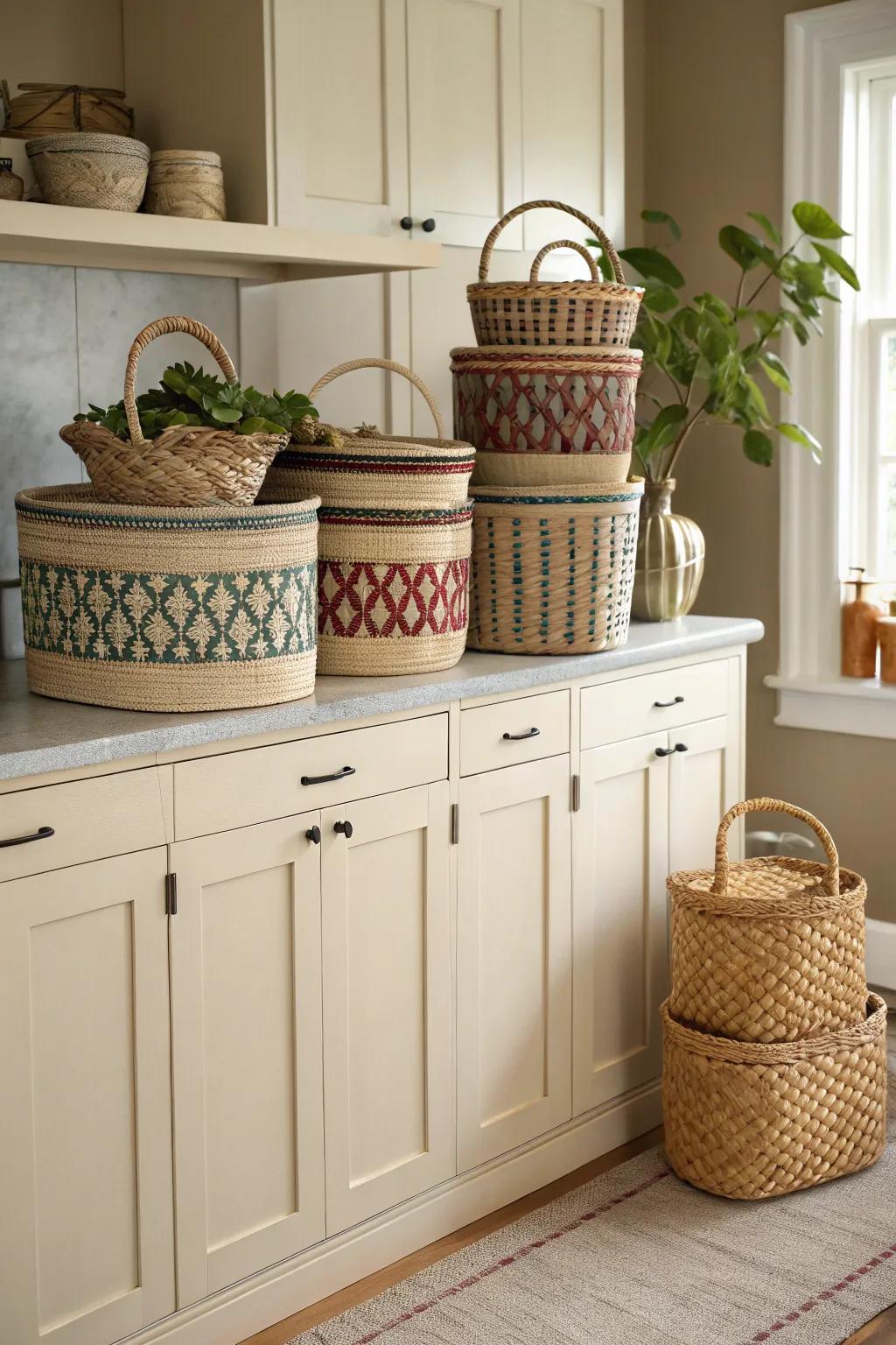 Woven containers introduce dimension and coziness to your kitchen décor.