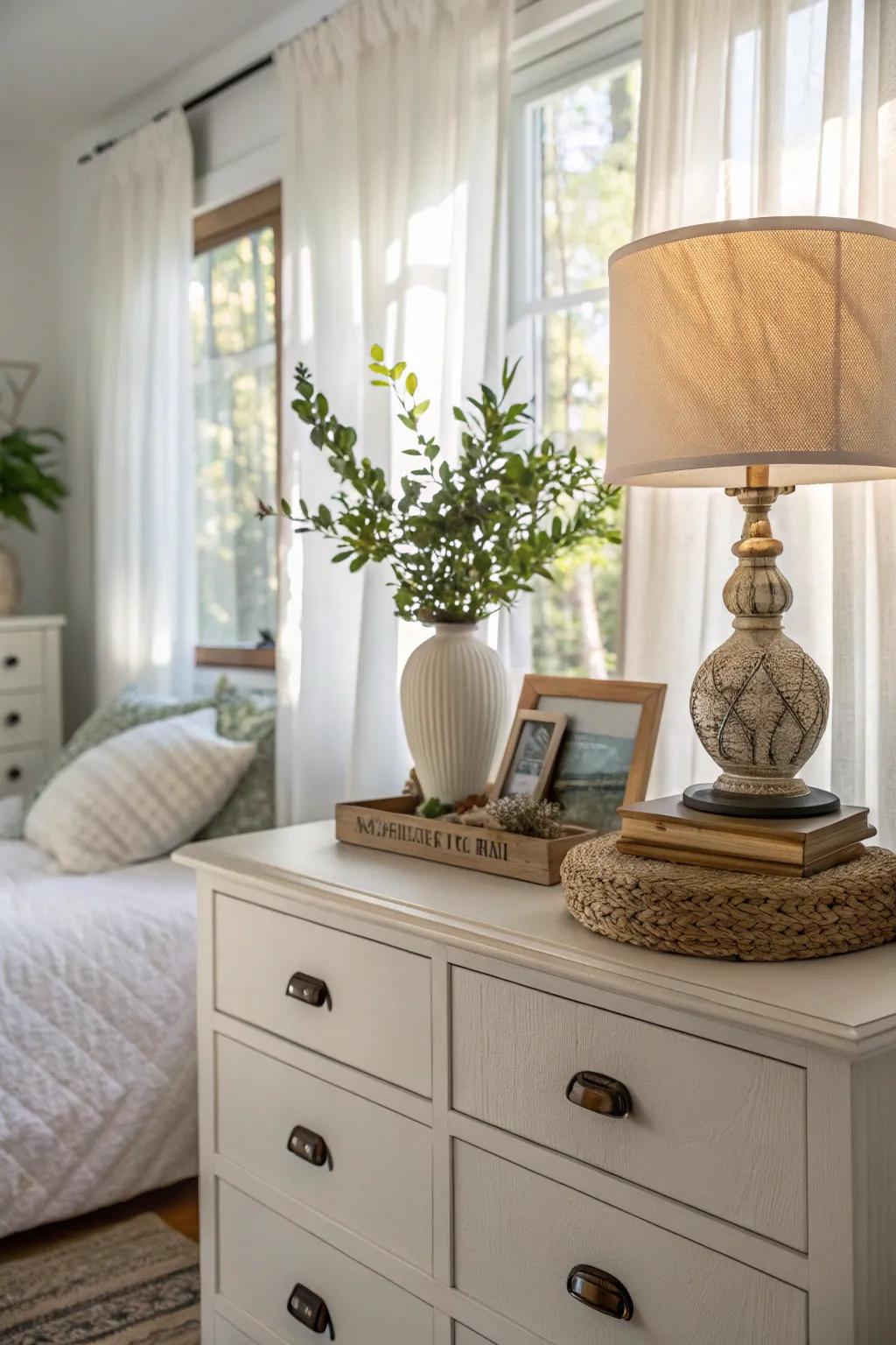 A compact potted plant injects life into a dresser's surface.