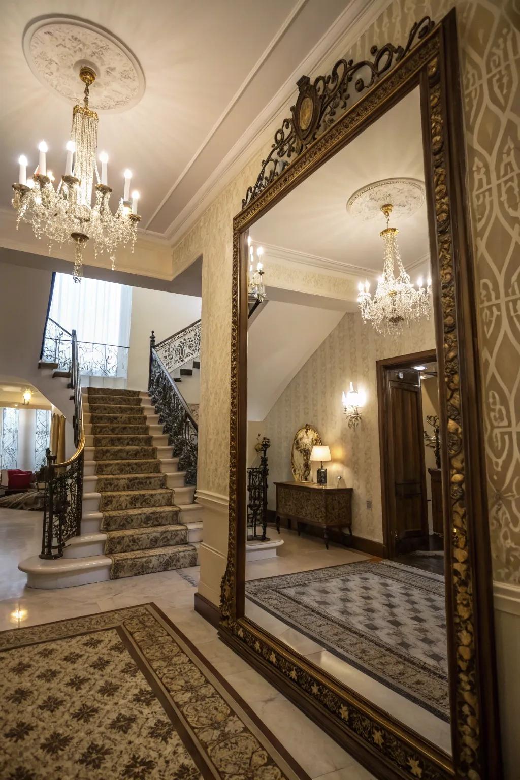 Mirrors amplify light and space at the top of staircases.