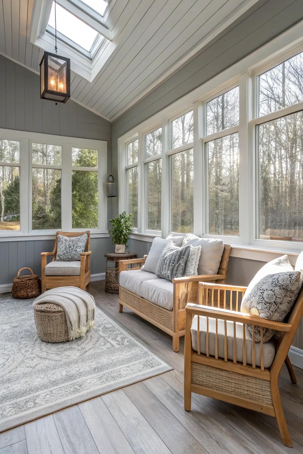 Soft gray walls in a sunroom creating a refined and adaptable decorating foundation.