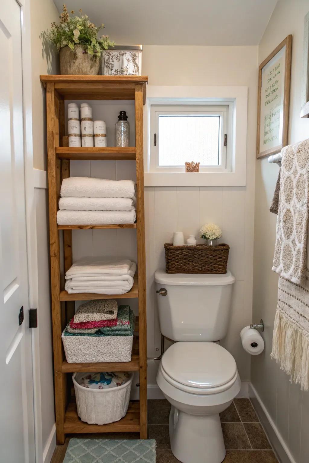 Over-the-toilet storage maximizes unused space in a small bathroom.